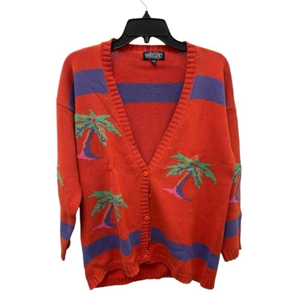 vtg 90s Lands’ End Palm Tree Cardigan Sweater Tropical Coastal Grandma Womens S